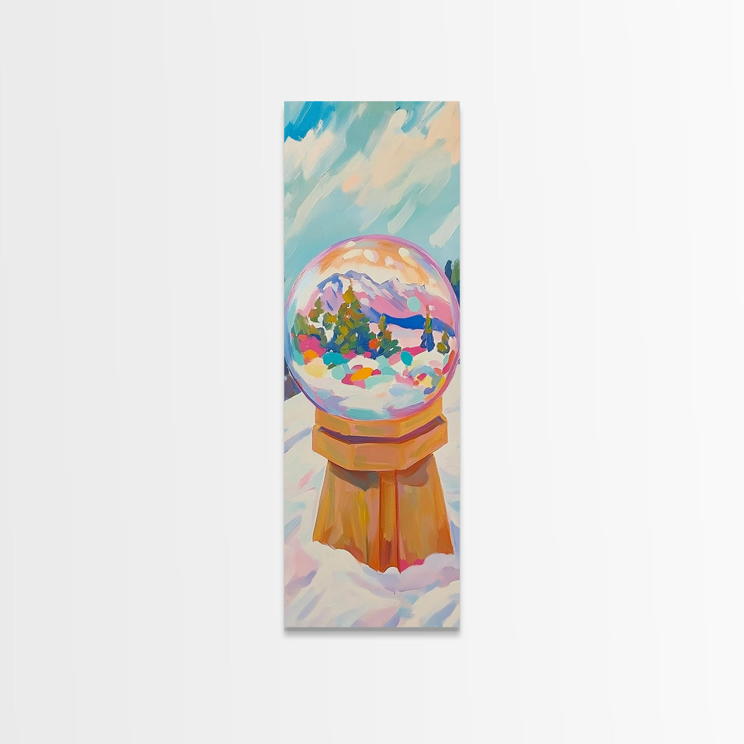 Mountain Snow Globe With Rainbow Winter Scene Framed Canvas Print, Whimsical Wall Art, Nursery Decor, Christmas Gift, Cozy Home Decor