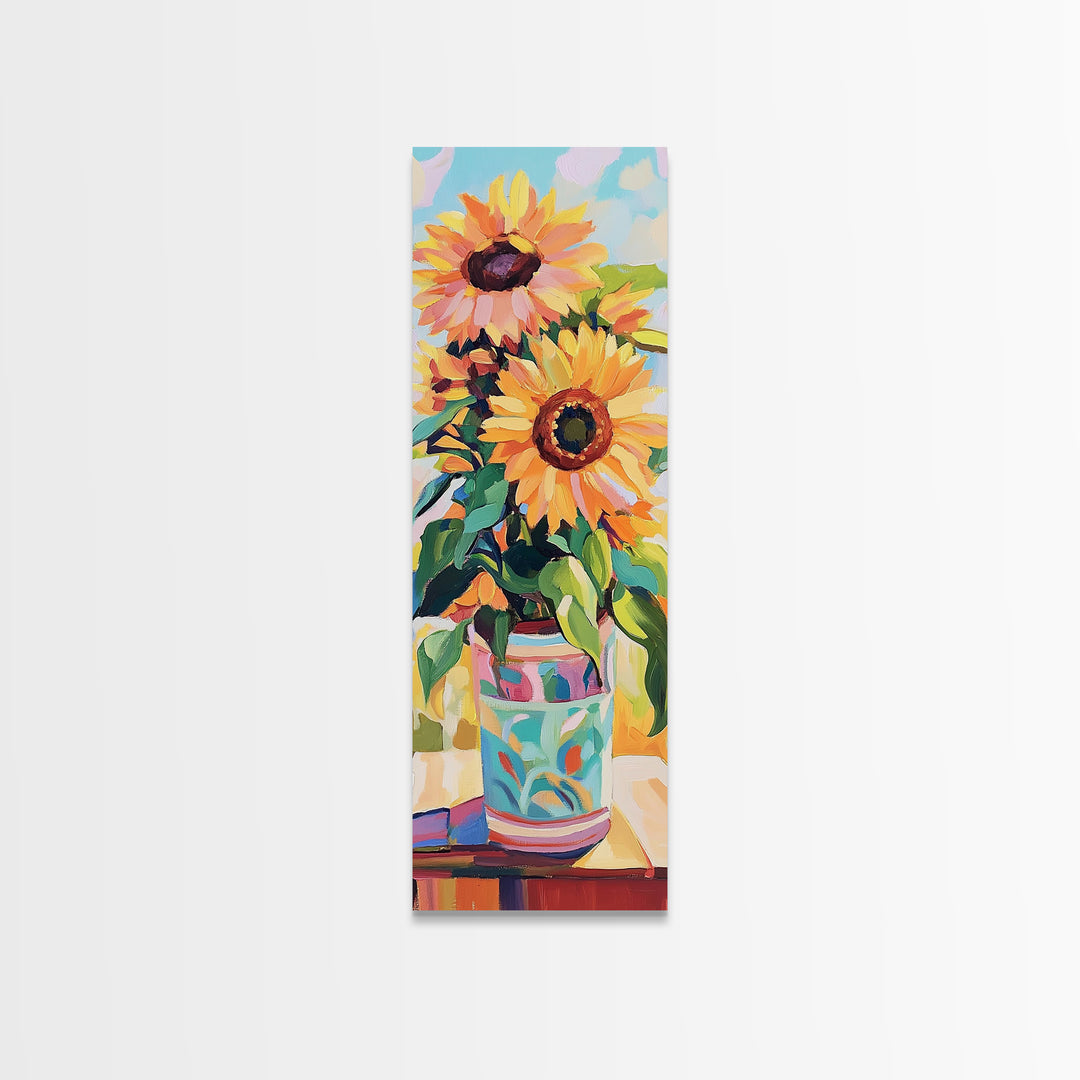 Bright Sunflowers In Patterned Vase Wall Art, Summer Floral Canvas Print, Farmhouse Kitchen Decor, Housewarming Gift For Her