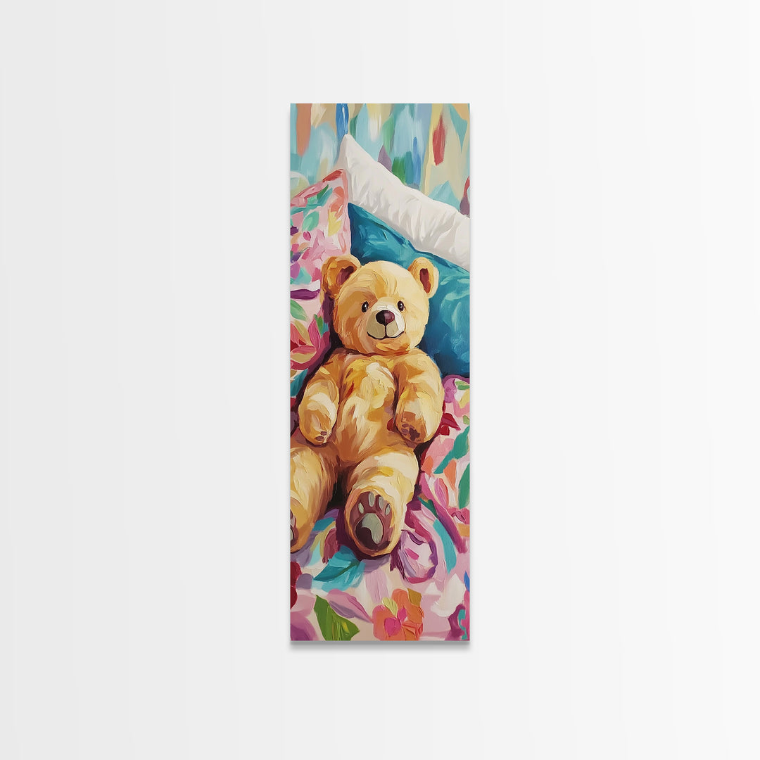 Teddy Bear On Floral Bed Painting, Whimsical Canvas Print, Nursery Wall Art, Kids Room Decor, Baby Shower Gift, Cute Wall Art