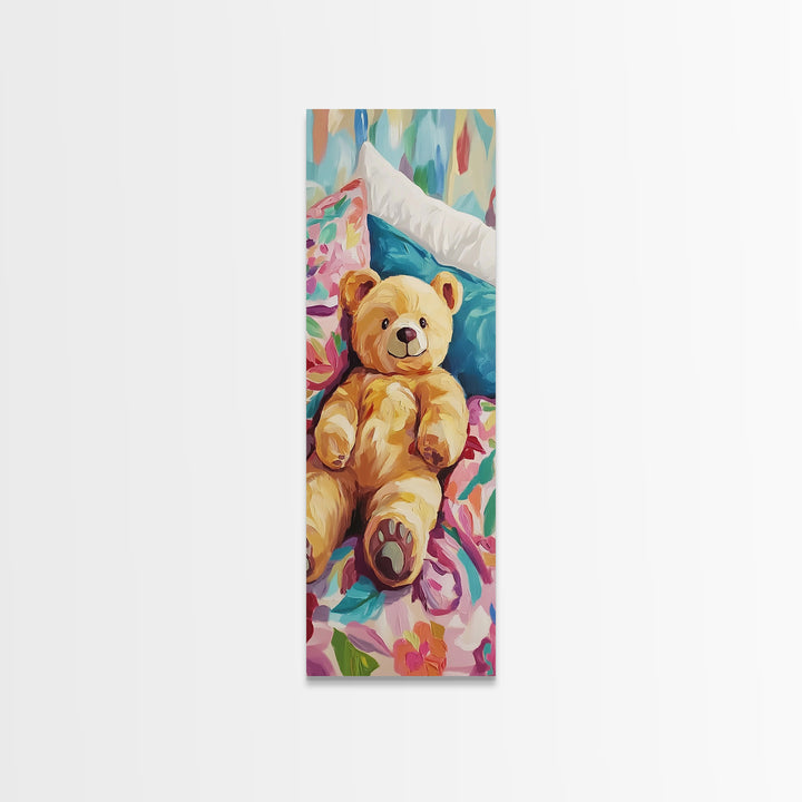 Teddy Bear On Floral Bed Painting, Whimsical Canvas Print, Nursery Wall Art, Kids Room Decor, Baby Shower Gift, Cute Wall Art