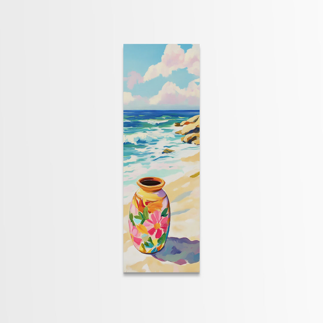 Floral Painted Vase On Sandy Beach Canvas Print, Coastal Wall Art, Ocean Decor, Tropical Flowers, Summer Housewarming Gift