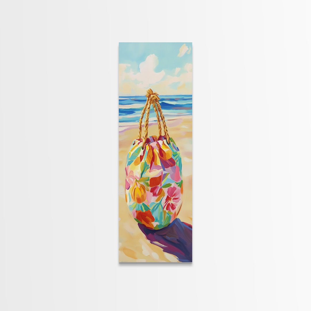 Floral Beach Tote On Sunny Shore Canvas Print, Coastal Wall Art, Beach House Decor, Tropical Decor, Summer Travel Gift For Her