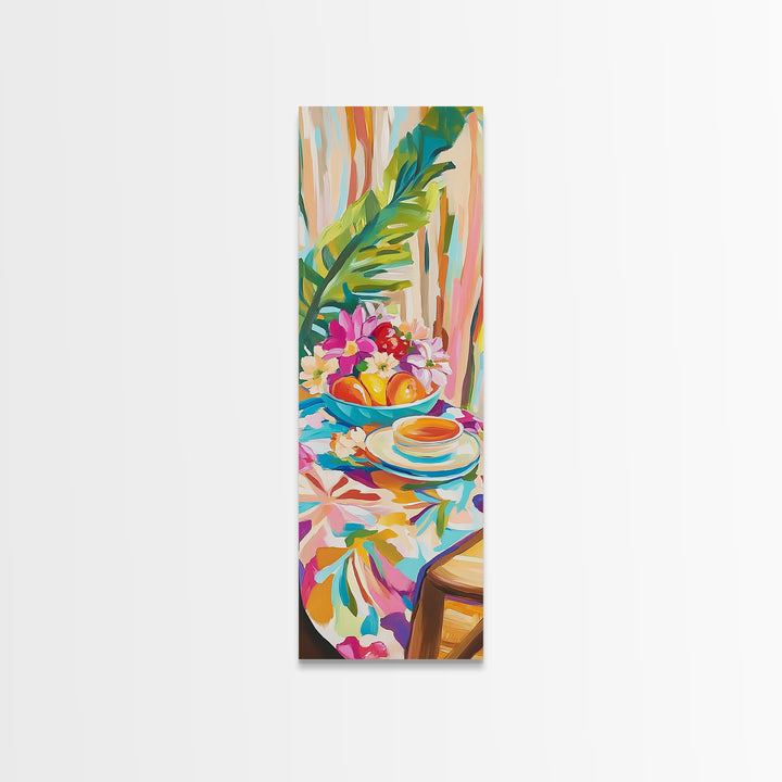 Tropical Tea Cup With Citrus And Flowers Wall Art, Colorful Kitchen Decor, Coastal Canvas Print, Bright Dining Room Art Print