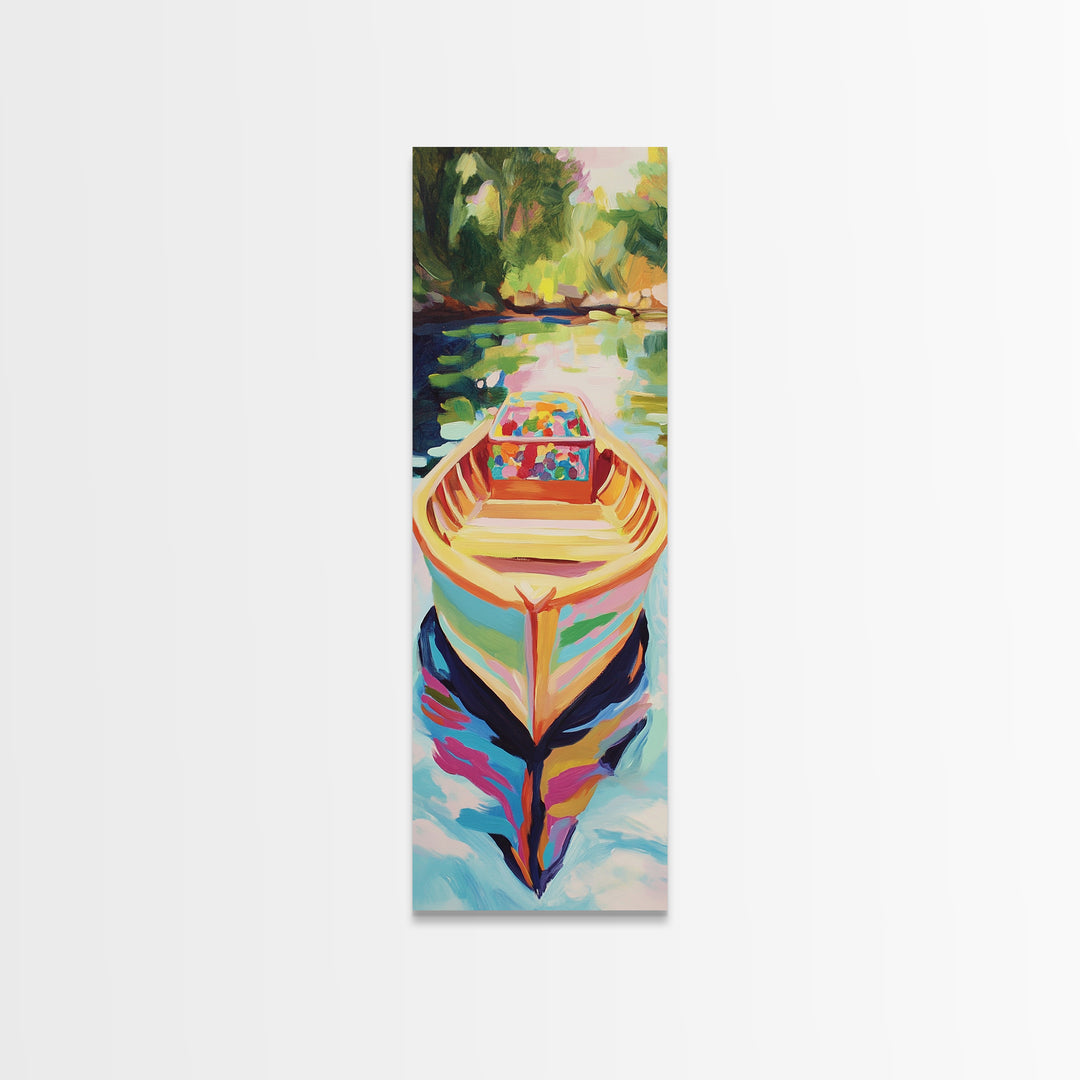 Colorful Rowboat On Sunlit River Wall Art, Coastal Lake Canvas, Bright Boho Home Decor, Living Room Art Print, Unique Housewarming Gift