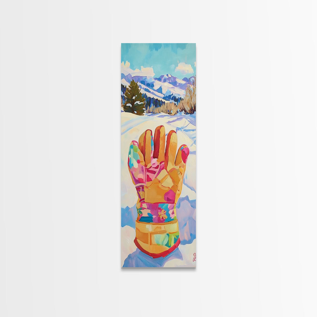 Colorful Winter Mitten In Snowy Mountain Landscape Wall Art, Ski Cabin Decor, Whimsical Kids Room Nursery Canvas Print Gift