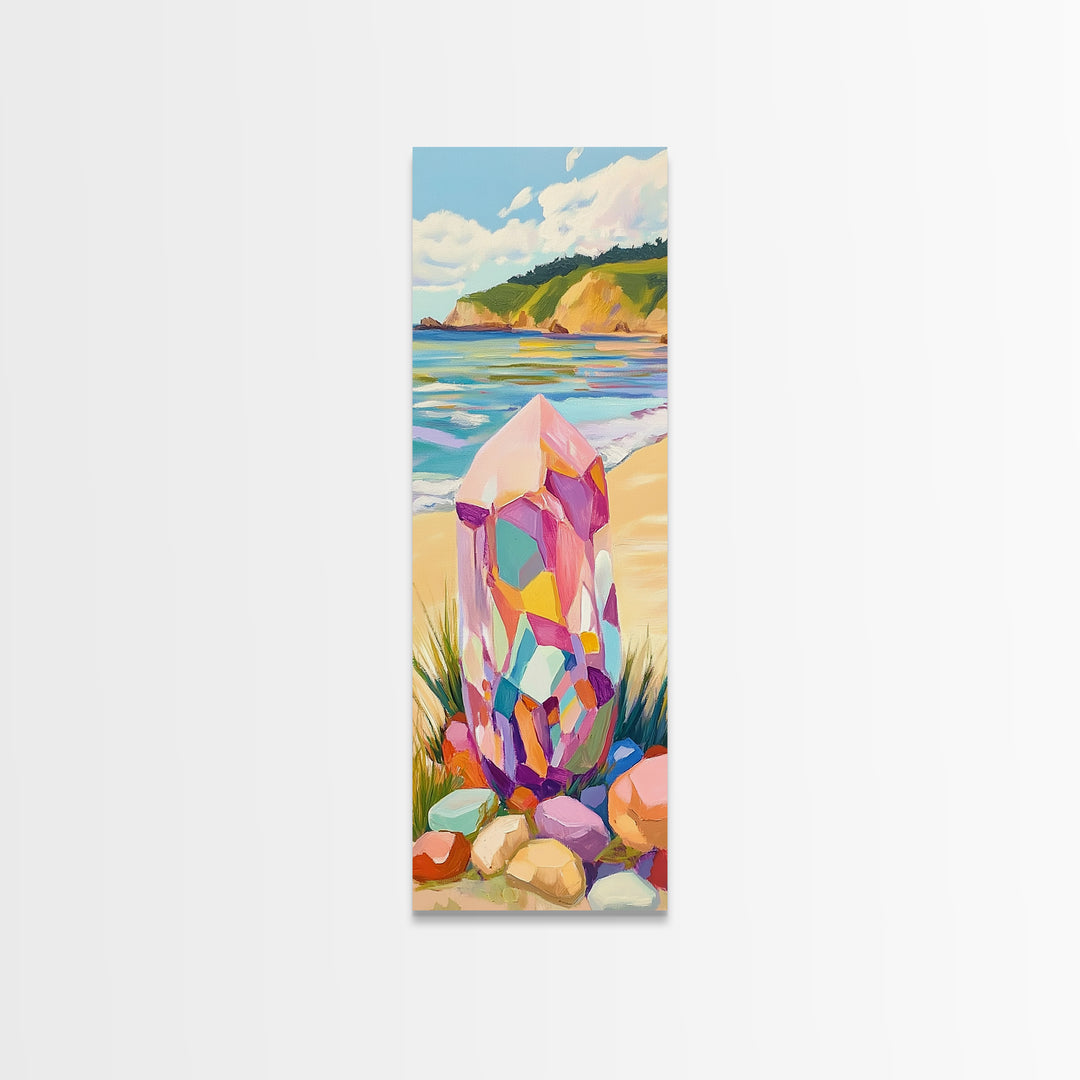 Rainbow Crystal Beach Canvas Print, Coastal Wall Art, Colorful Gemstone Decor, Ocean Landscape Print, Boho Beach House Gift