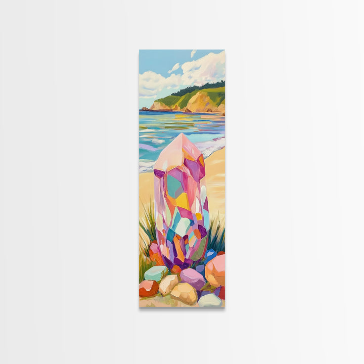 Rainbow Crystal Beach Canvas Print, Coastal Wall Art, Colorful Gemstone Decor, Ocean Landscape Print, Boho Beach House Gift