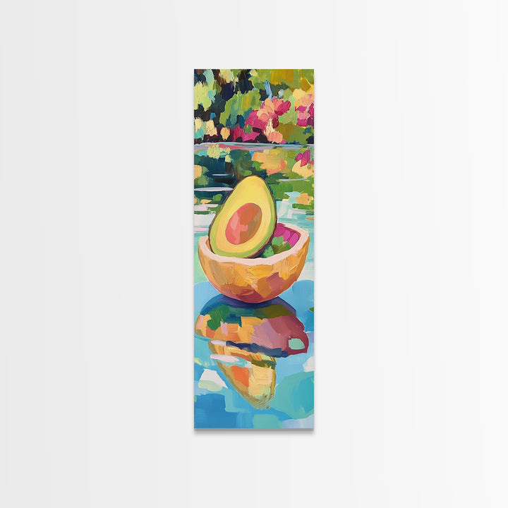 Avocado Half In Bowl Wall Art, Colorful Kitchen Print, Fresh Food Decor, Tropical Fruit Painting, Dining Room Canvas Print