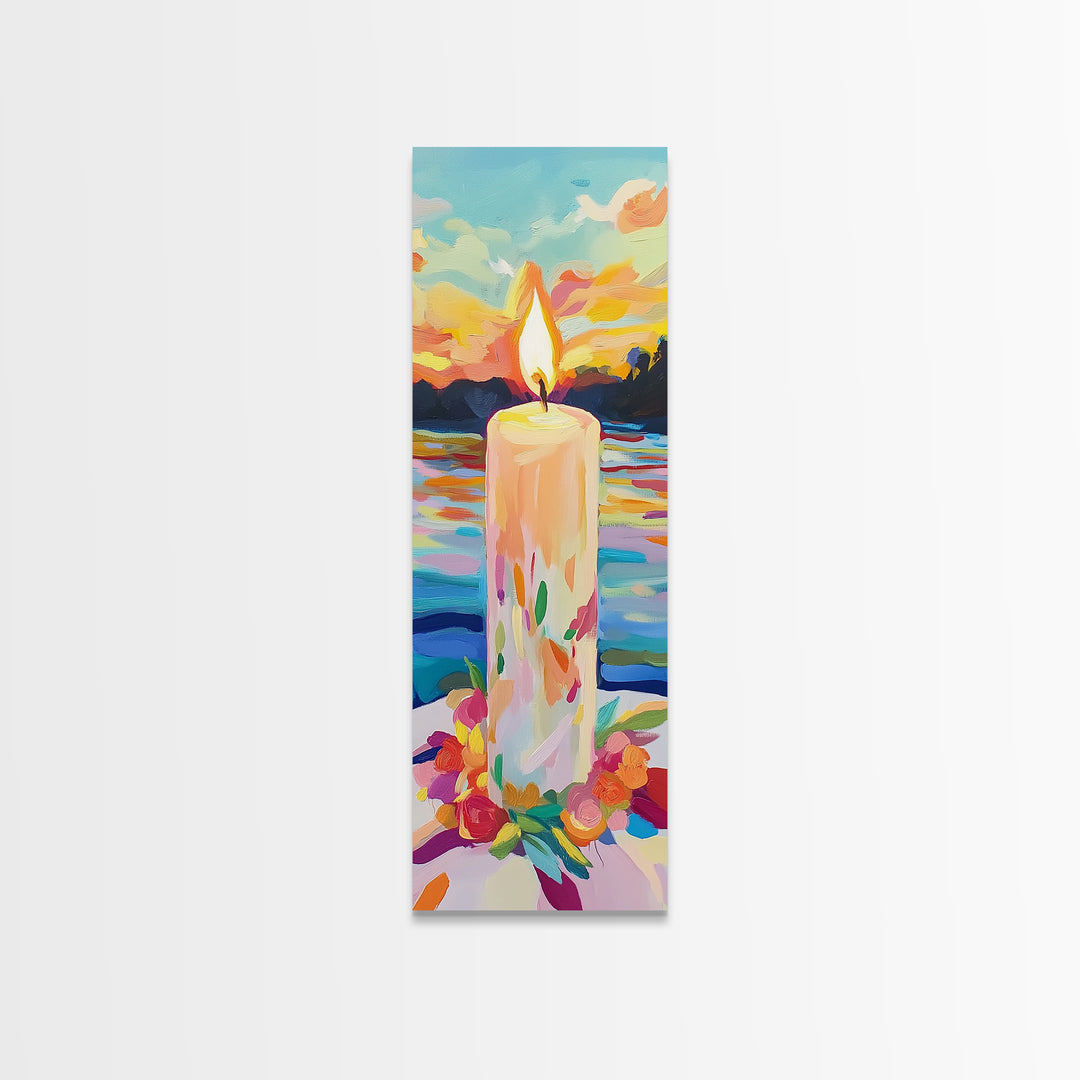 Floral Candle At Sunset Framed Canvas Print, Lake Landscape Wall Art, Cozy Spiritual Decor, Meditation Gift, Calming Print