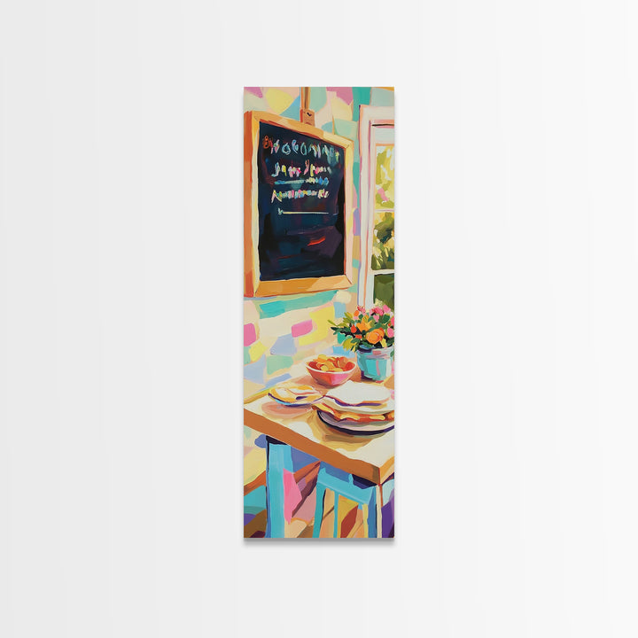 Cheerful Kitchen Table With Chalkboard Menu Wall Art, Breakfast Nook Canvas Print, Colorful Cafe Decor, Dining Room Print