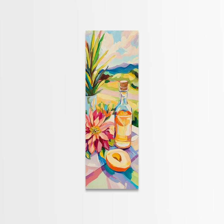 Sunlit Bottle With Flower And Citrus Framed Canvas Print, Mediterranean Kitchen Wall Art, Italian Decor, Landscape Art Print