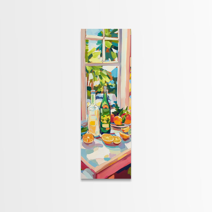Sunny Window Bottles And Lemons Framed Canvas Print, Kitchen Wall Art, Citrus Wall Decor, Dining Room Prints, Home Decor