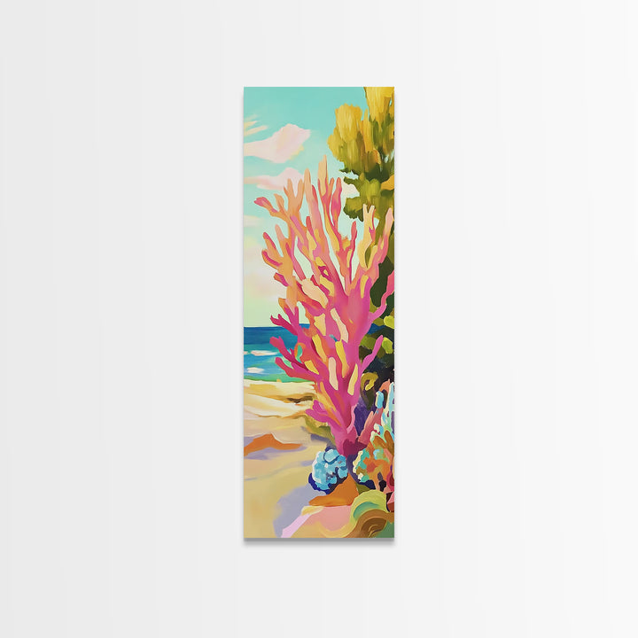 Pink Coral Reef By The Beach Canvas Print, Tropical Coastal Wall Art, Ocean Wall Decor, Bright Beach House Decor Gift For Her
