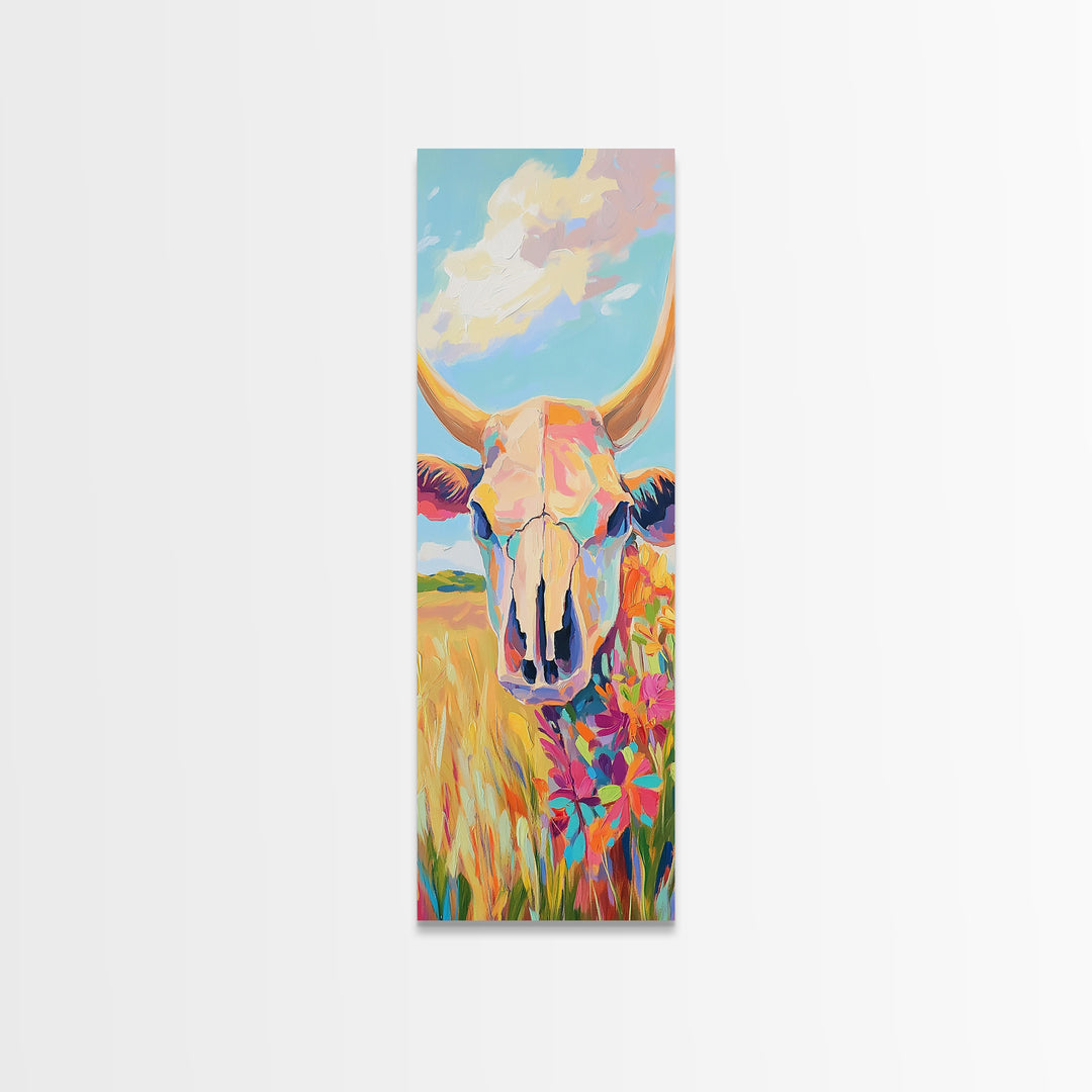 Pastel Cow Skull With Wildflowers Wall Art, Western Decor, Southwestern Canvas Print, Rustic Ranch Housewarming Gift For Her