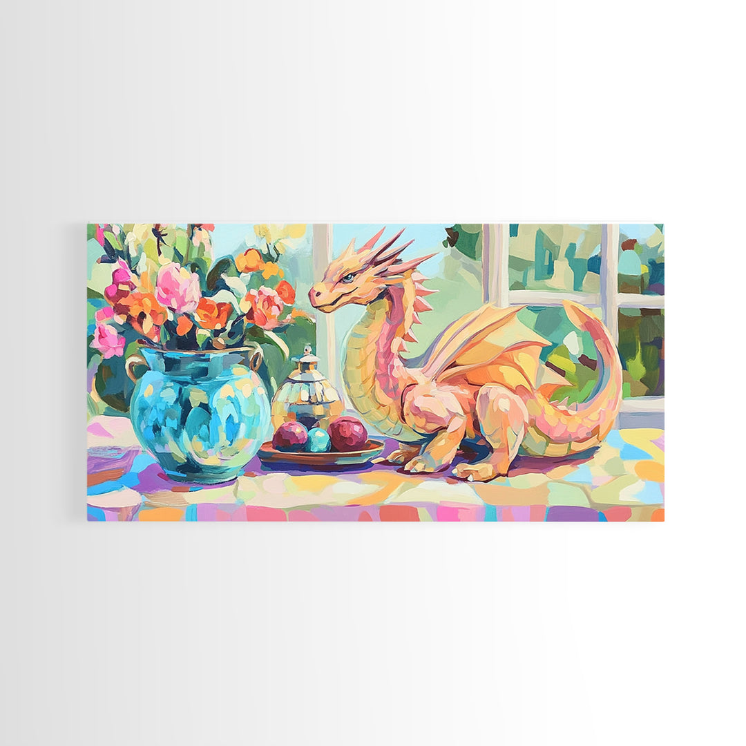 Whimsical Pink Dragon With Flowers Framed Canvas Print, Fantasy Wall Art, Nursery Decor, Girls Room Art, Unique Gift For Her