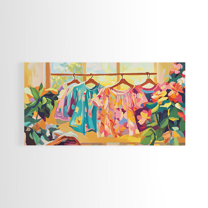 Bright Floral Dresses Hanging By Window Canvas Print, Fashion Wall Art, Feminine Wall Decor, Boutique Decor, Gift For Her