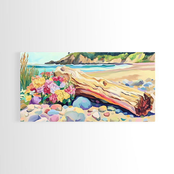 Driftwood Log And Wildflowers On Beach Framed Canvas Print, Coastal Wall Art, Seascape Art, Beach House Decor, Ocean Print