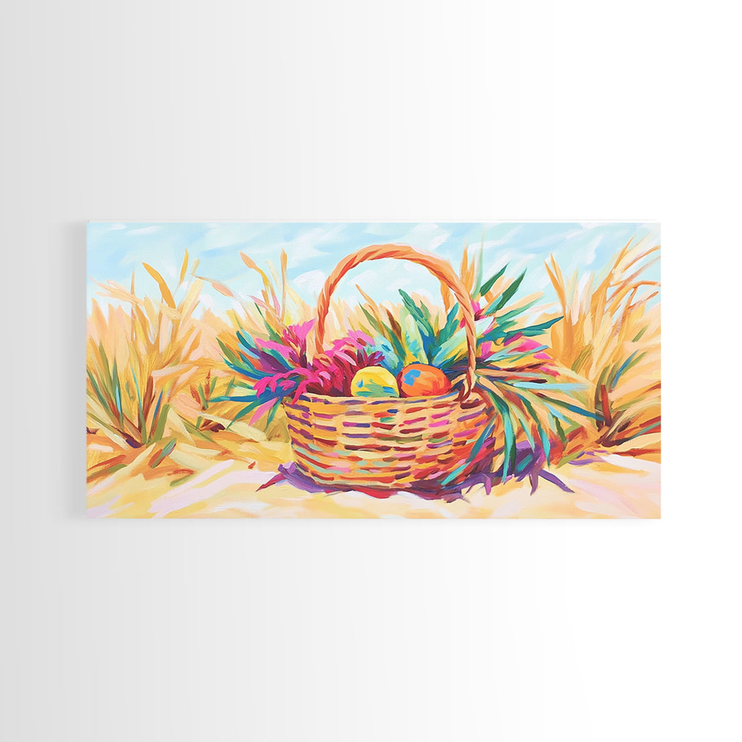Beach Basket With Tropical Leaves Wall Art, Coastal Canvas Print, Summer Beach House Decor, Colorful Fruit Still Life Gift
