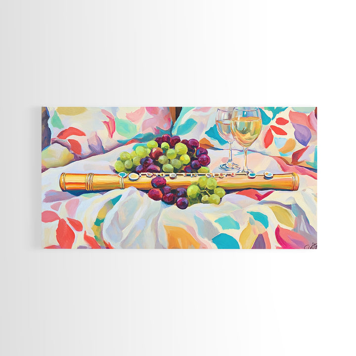 Golden Flute With Wine And Grapes Framed Canvas Print, Music Room Art, Winery Wall Art, Still Life, Dining Room Decor, Gift For Music Lover