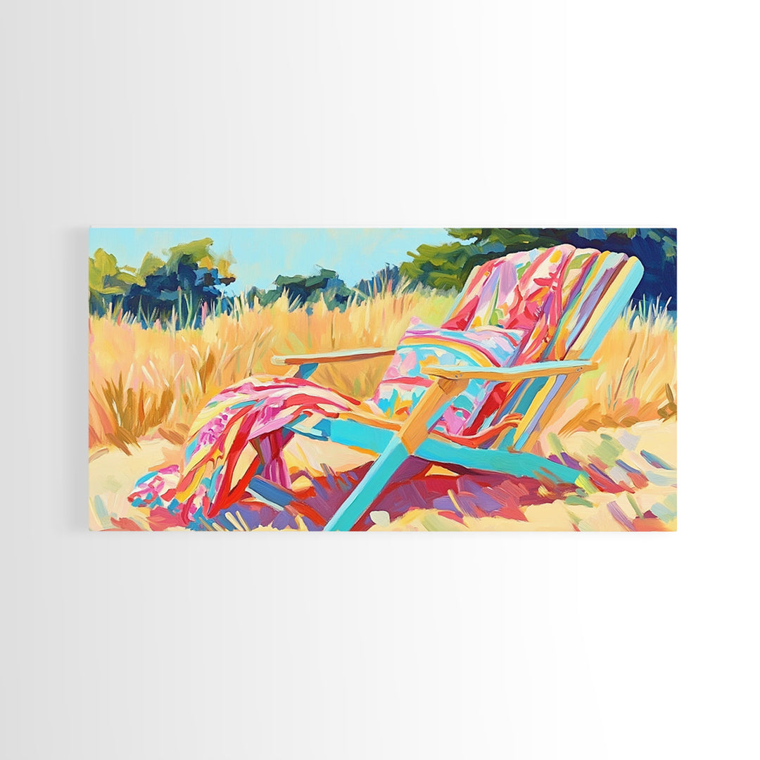 Colorful Beach Chair In Summer Grass Canvas Print, Coastal Wall Art, Beach House Decor, Summer Vibes, Relaxing Art Print