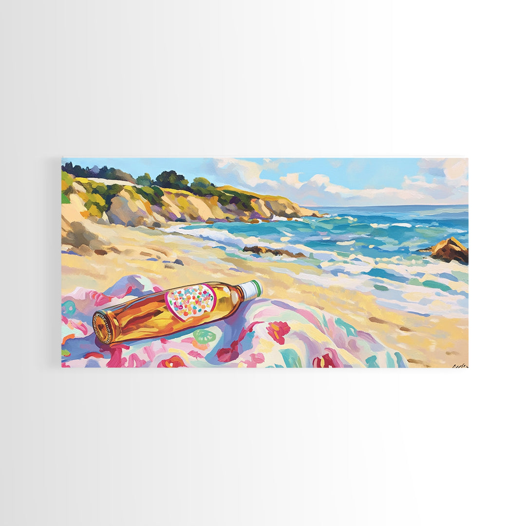 Beach Bottle On Towel Coastal Beach Canvas Print, Ocean Wall Art, Beach House Decor, Nautical Wall Decor, Summer Gift For Her