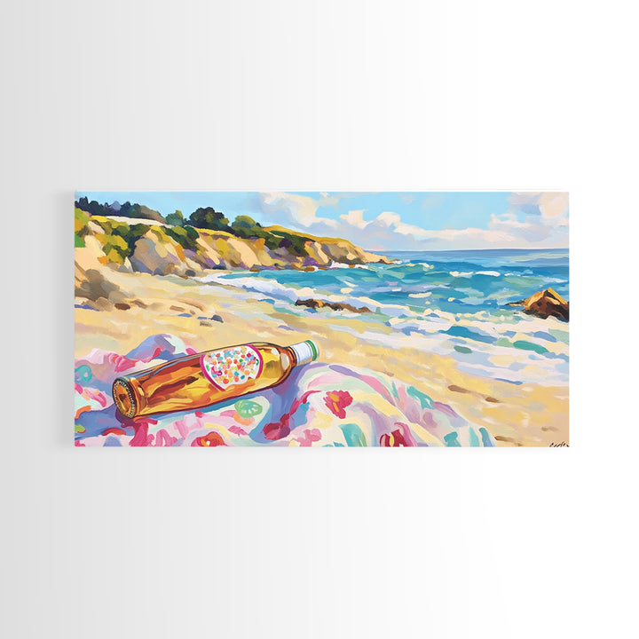 Beach Bottle On Towel Coastal Beach Canvas Print, Ocean Wall Art, Beach House Decor, Nautical Wall Decor, Summer Gift For Her