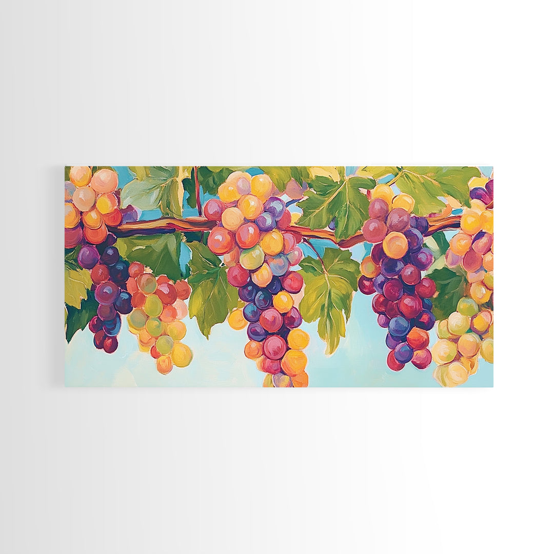 Sunlit Grape Clusters On Vine Framed Canvas Print, Vineyard Wall Art, Winery Decor, Colorful Kitchen Art, Wine Lover Gift