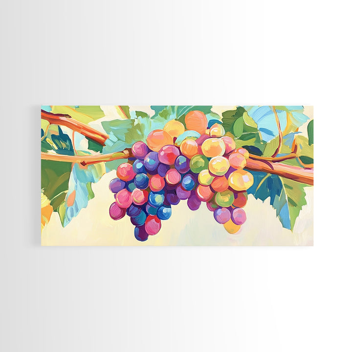 Bright Grape Bunches And Green Leaves Canvas Print, Vineyard Wall Art, Wine Kitchen Decor, Colorful Fruit Art, Winery Gift