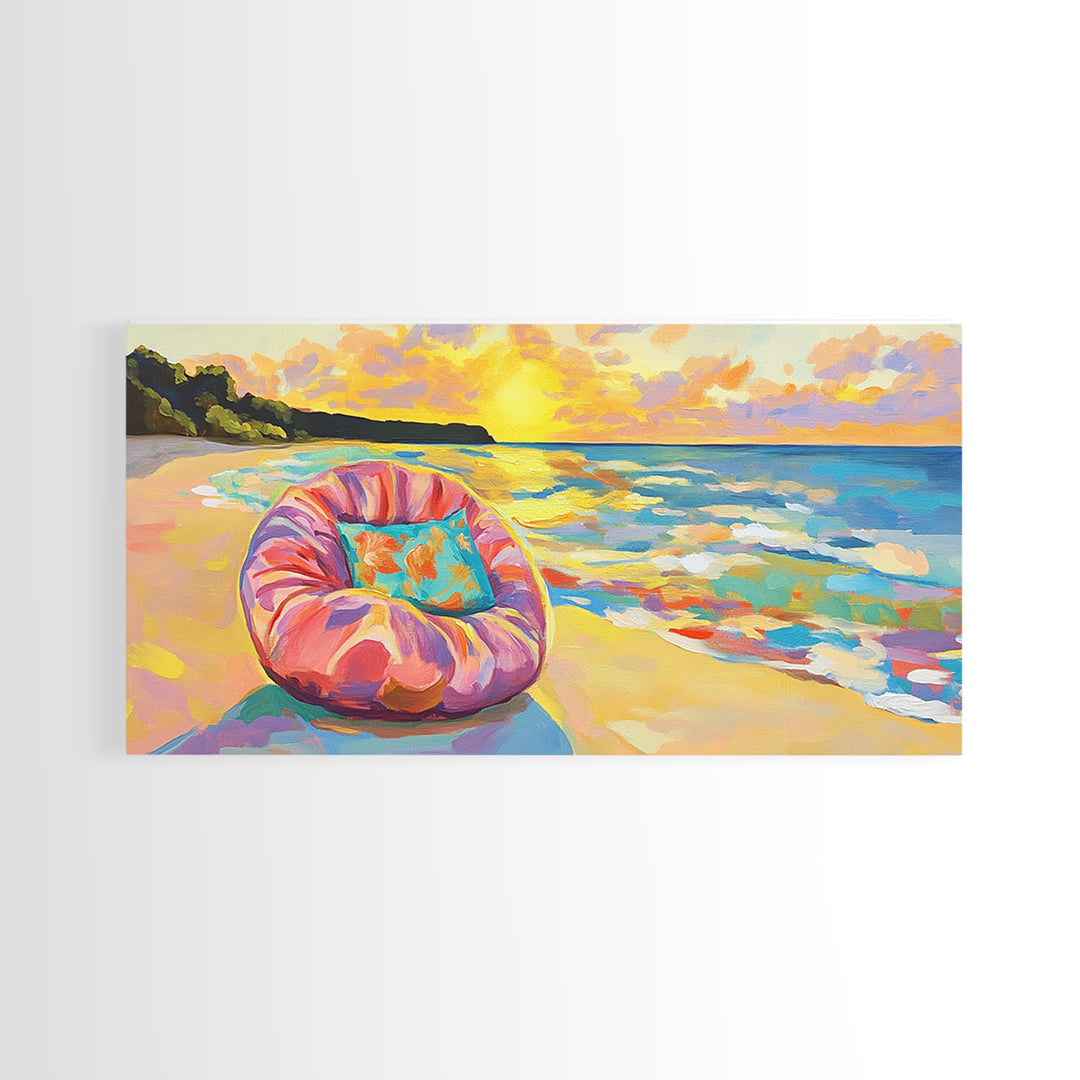 Sunset Beach Chair And Ocean Waves Wall Art, Coastal Canvas Print, Beach House Decor, Tropical Home Decor, Summer Wall Art