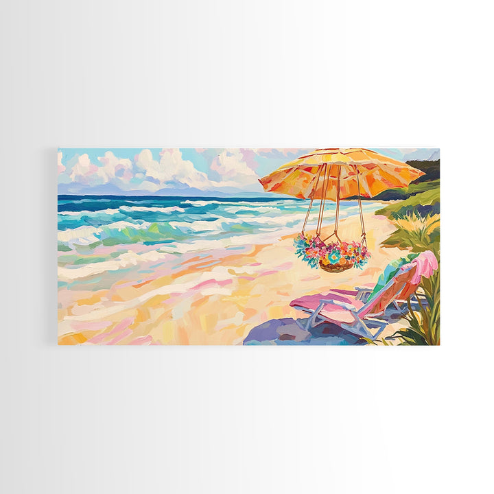 Sunny Beach Umbrella And Chair Framed Canvas Print, Coastal Wall Art, Ocean Decor, Beach House Living Room Art Gift, Summer Seascape