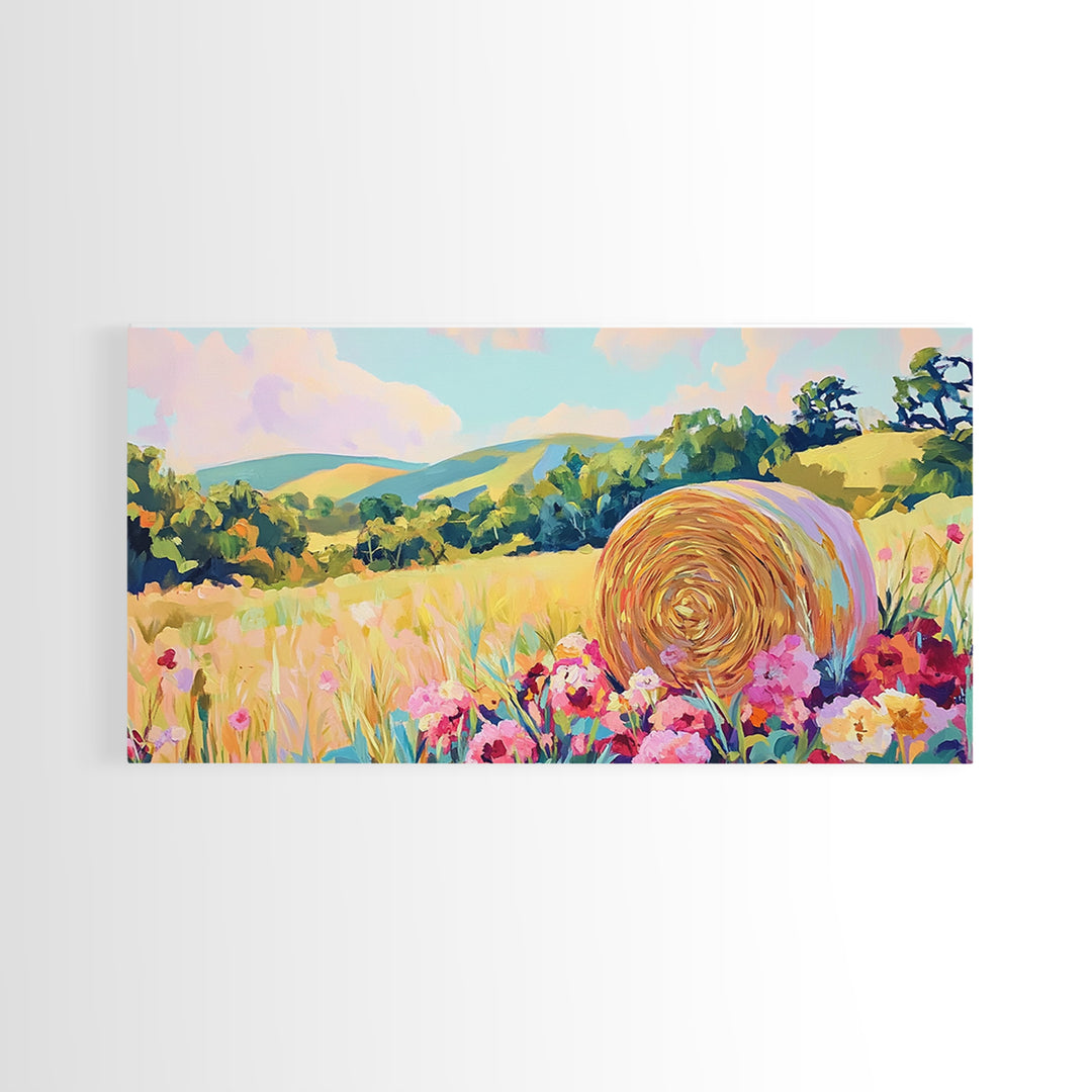 Golden Hay Bale Wildflower Meadow Canvas Print, Country Landscape Wall Art, Farmhouse Decor, Rustic Living Room Art Gift