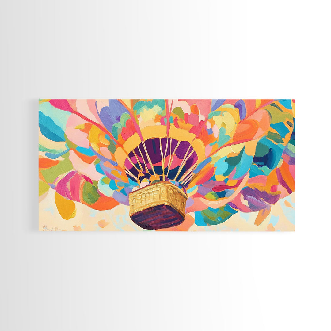 Rainbow Hot Air Balloon Canvas Print, Whimsical Nursery Wall Art, Colorful Dopamine Decor, Kids Room Fantasy Art Gift, Baby Shower