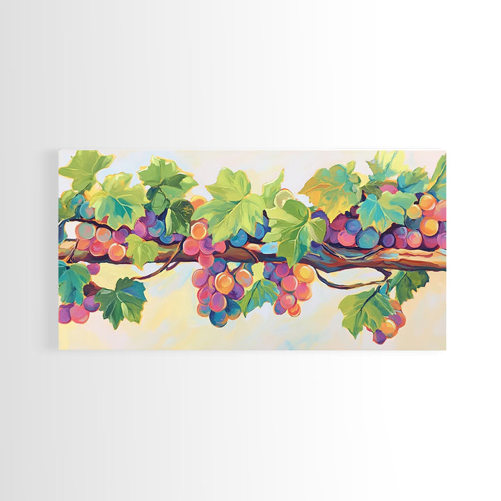 Sunlit Grapes And Green Vine Wall Art, Vineyard Canvas Print, Colorful Kitchen Decor, Rustic Farmhouse Dining Room Prints