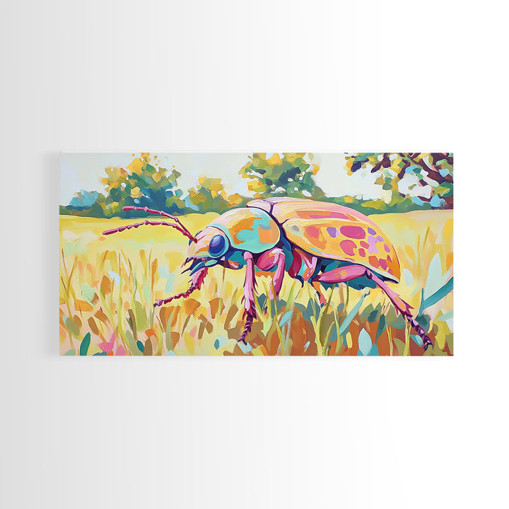 Iridescent Beetle In Golden Meadow Framed Canvas Print, Colorful Insect Wall Art, Nature Inspired Decor, Nature Lover Gift
