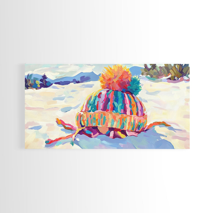 Striped Knit Hat In Snow Canvas Print, Cozy Winter Wall Art, Colorful Nursery Decor, Mountain Landscape, Housewarming Gift