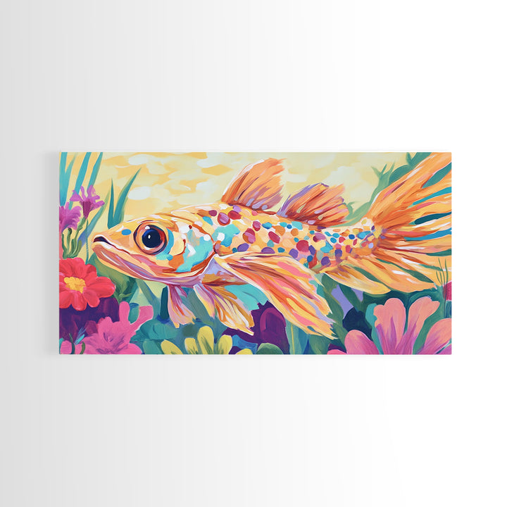 Colorful Goldfish Swimming Through Flowers Canvas Print, Whimsical Animal Wall Art, Ocean Nursery Decor, Bright Bathroom Art