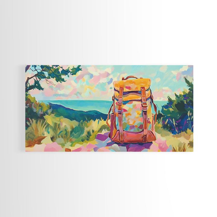 Floral Backpack Coastal Landscape Wall Art, Travel Inspired Art Print, Hiking Gift, Beach House Decor, Modern Nature Wall Decor