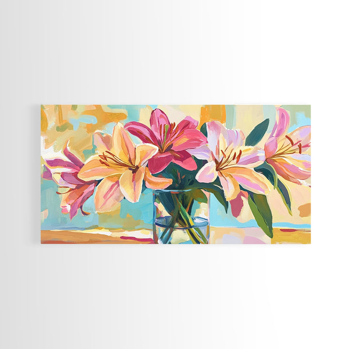 Pink Lilies In Glass Vase Framed Canvas Print, Floral Wall Art, Botanical Decor, Feminine Living Room Wall Decor, Gift For Her