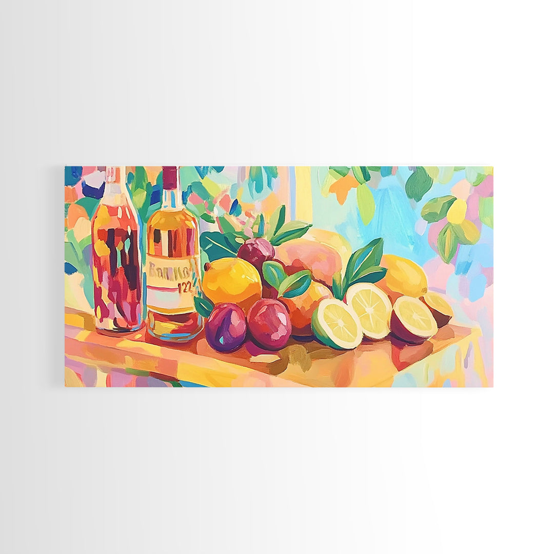 Colorful Citrus And Wine Still Life Canvas Print, Bright Kitchen Wall Art, Fruit Art Print, Dining Room Decor, Housewarming Gift