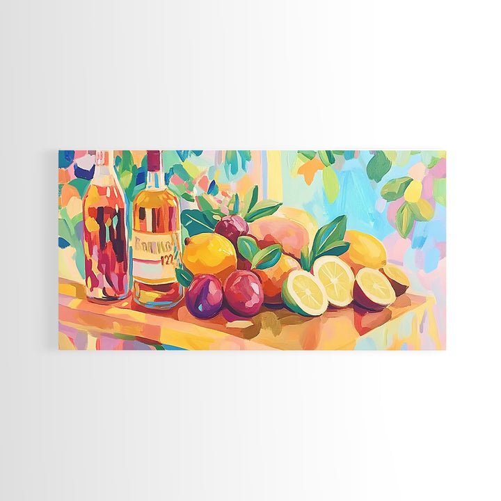 Colorful Citrus And Wine Still Life Canvas Print, Bright Kitchen Wall Art, Fruit Art Print, Dining Room Decor, Housewarming Gift