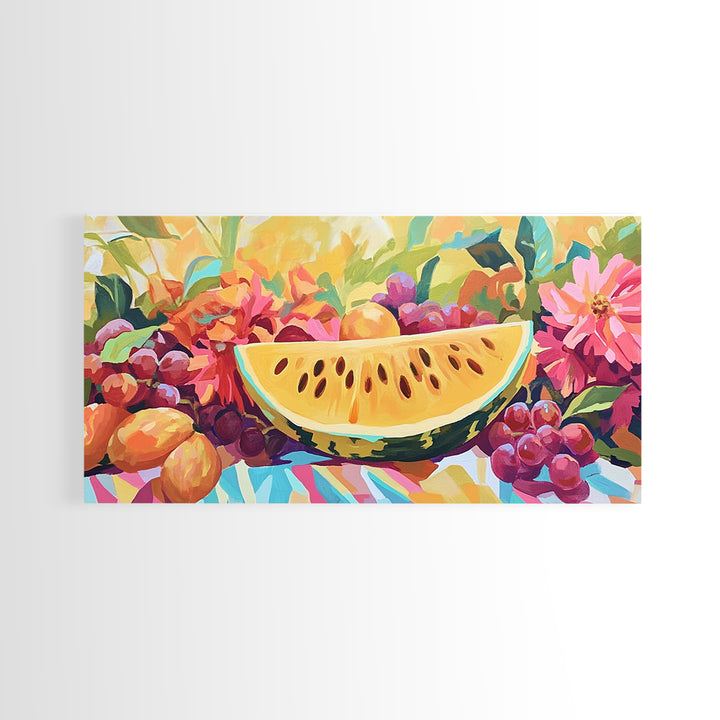 Sunny Watermelon And Summer Fruit Canvas Print, Colorful Kitchen Wall Art, Fruit Still Life, Dining Room Home Decor Gift