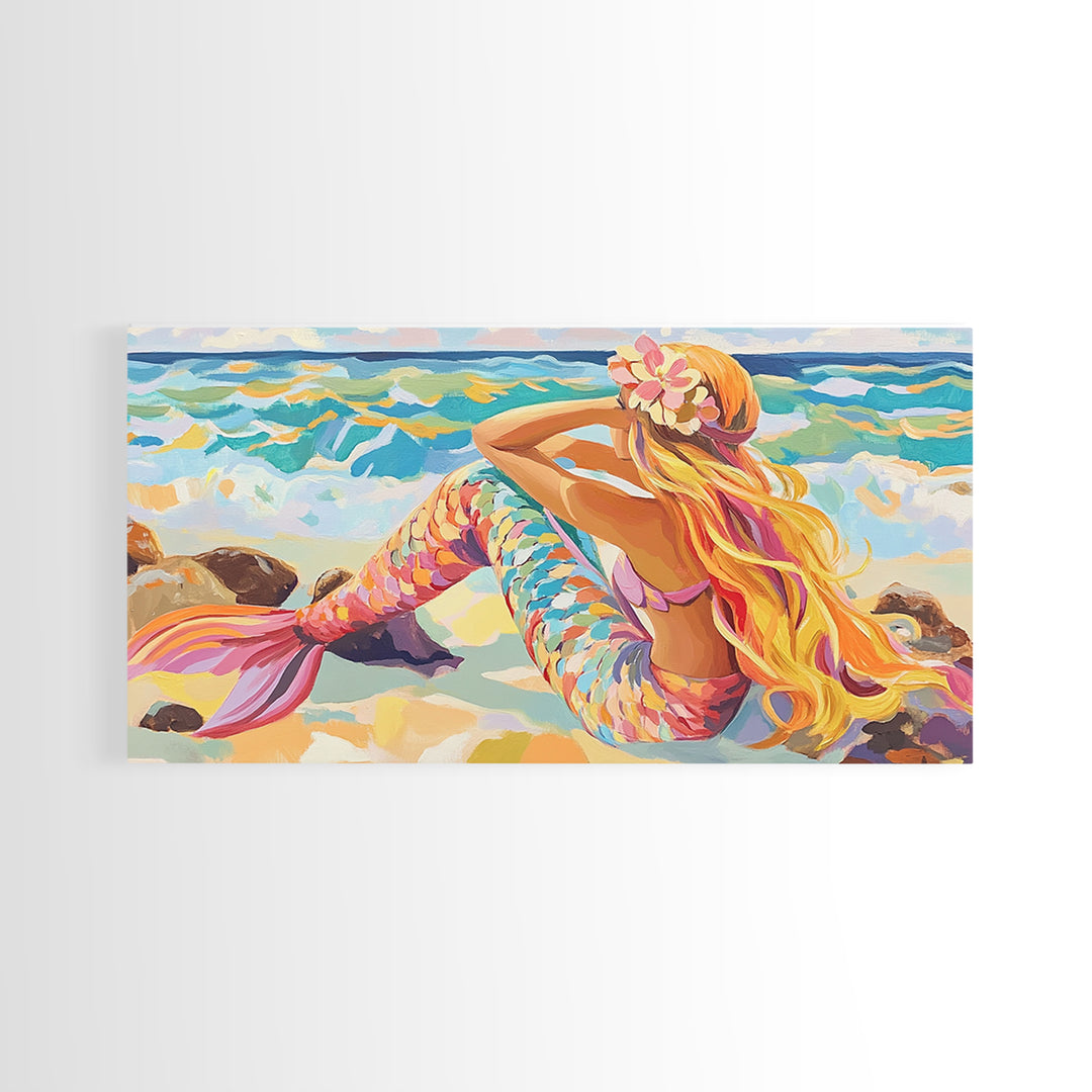 Blonde Mermaid On Sunny Beach Canvas Print, Fantasy Wall Art, Coastal Ocean Decor, Whimsical Nursery Or Bathroom Decor Gift