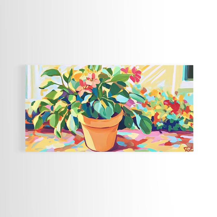 Potted Citrus Tree With Pink Flowers Canvas Print, Botanical Wall Art, Garden Decor, Bright Living Room Home Decor Gift Idea