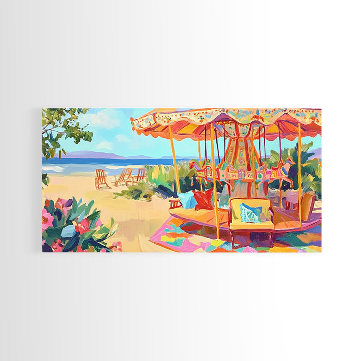 Beachside Carousel With Ocean Chairs Framed Canvas Print, Coastal Wall Art, Summer Beach Decor, Colorful Living Room Art