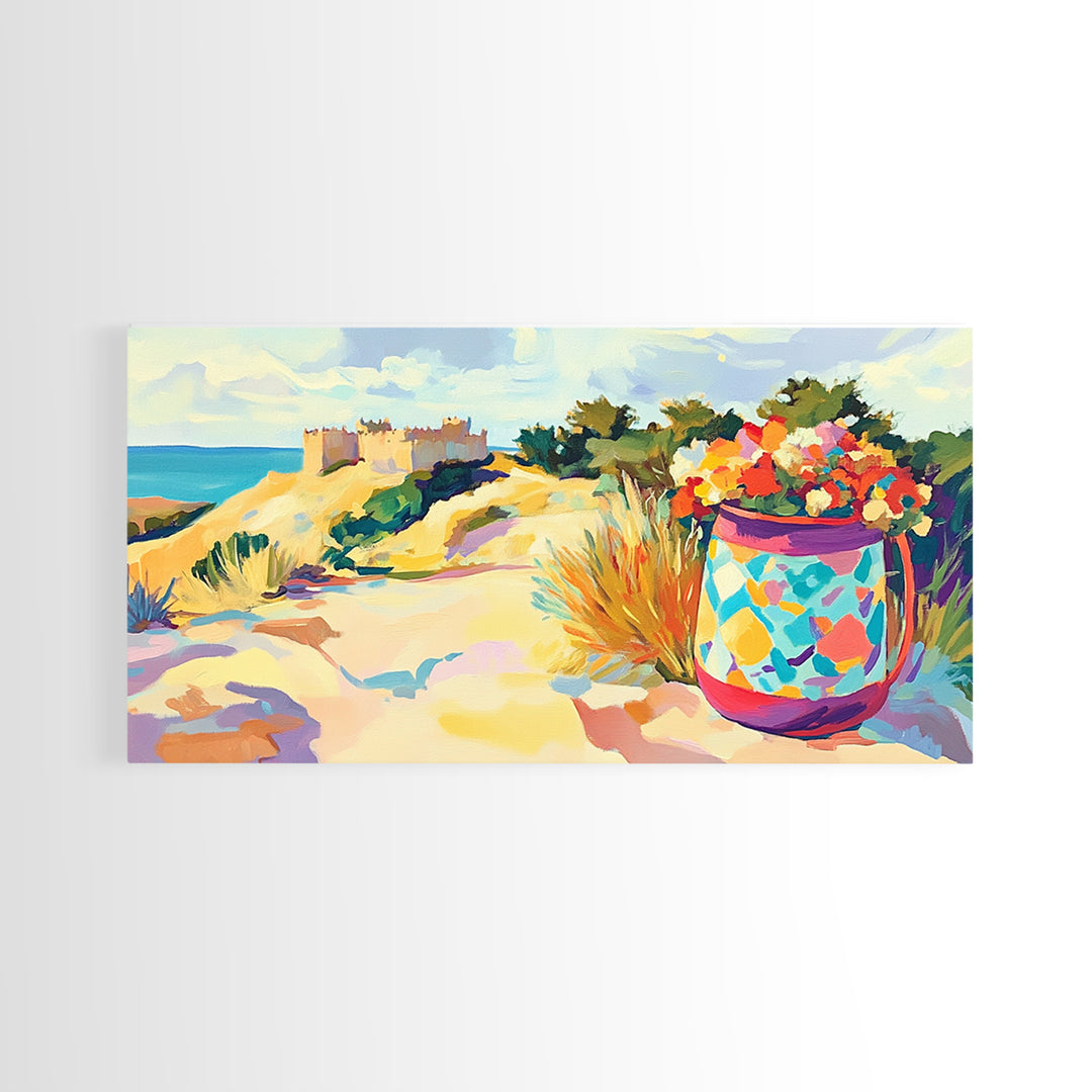 Seaside Dunes Castle And Mosaic Flower Pot Canvas Print, Coastal Wall Art, Beach House Decor, Summer Landscape Art Print