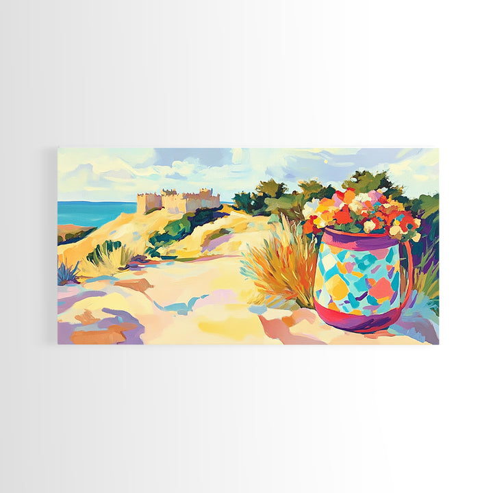 Seaside Dunes Castle And Mosaic Flower Pot Canvas Print, Coastal Wall Art, Beach House Decor, Summer Landscape Art Print