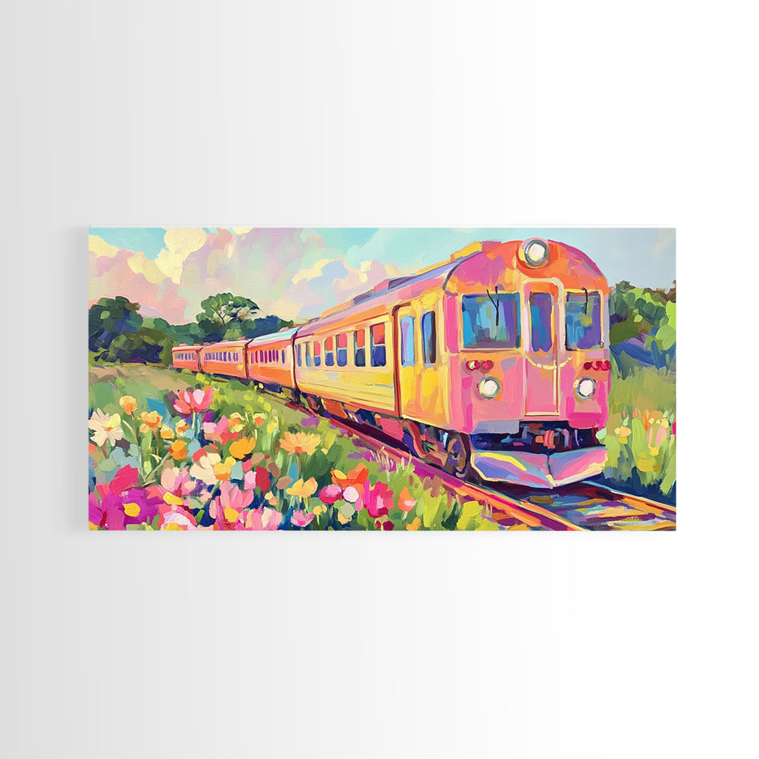 Pink Yellow Train Through Wildflower Meadow Framed Canvas Print, Colorful Wall Art, Travel Decor, Modern Landscape Art Print