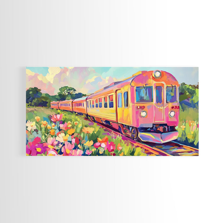 Pink Yellow Train Through Wildflower Meadow Framed Canvas Print, Colorful Wall Art, Travel Decor, Modern Landscape Art Print