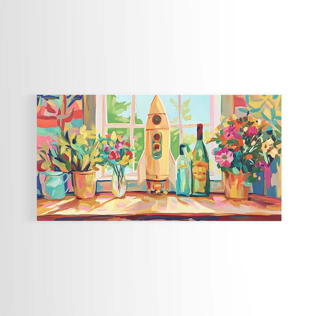 Retro Rocket On Sunny Windowsill With Plants Canvas Print, Space Wall Art, Kids Room Decor, Colorful Nursery Art Print Gift