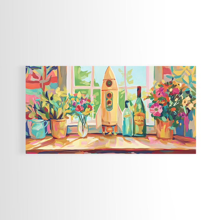 Retro Rocket On Sunny Windowsill With Plants Canvas Print, Space Wall Art, Kids Room Decor, Colorful Nursery Art Print Gift